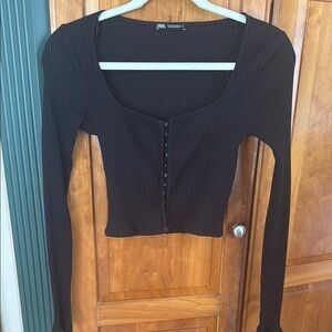 Zara Black Fitted Long Sleeve Ribbed Corset Top